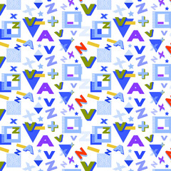 A pattern of multicolored letters and geometric shapes