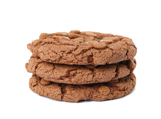 Stack of delicious chocolate chip cookies on white background