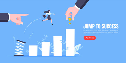 Business mentor helps to improve career with springboard vector illustration. Business person jumps above career ladder graph. Success growth, motivation opportunity, boost career concept.