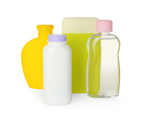 Set of baby cosmetic products on white background