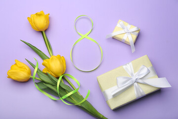 Figure 8 made of ribbon, gift boxes and flowers for International Women's Day celebration on purple background