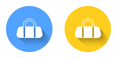 White Sport bag icon isolated with long shadow background. Circle button. Vector