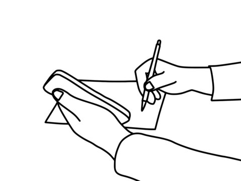 recommend clip art: スマホを見ながらメモを取る人の手元の線画イラスト_モノクロ