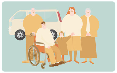 Vector illustration of smiling family and car.