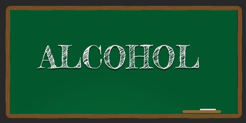 Illustration depicting a green chalkboard with a alcohol concept written on it in white.