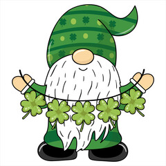 Gnome with clover leaf for St Patrick's Day. Cartoon style. St. Patrick's Day Irish gnome with clover for good luck