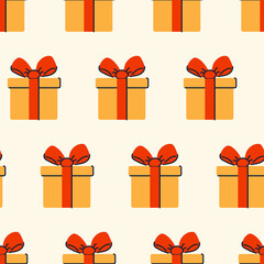 Seamless pattern with gifts. Geometric repetition of one box. Festive flat style design for packaging and print. Vector.