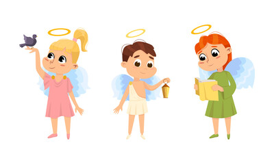 Adorable baby angels set. Angelic boy and girls with wings and nimbus cartoon vector illustration