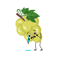 Grape character with crying and tears emotion, sad face, depressive eyes. Person with melancholy expression, berry emoticon. Vector flat illustration