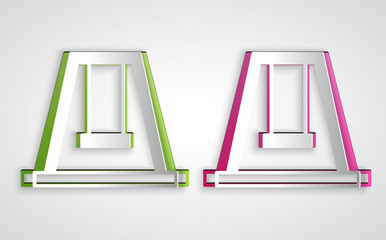 Paper cut Swing for kids summer games on playground icon isolated on grey background. Outdoor entertainment equipment. Paper art style. Vector