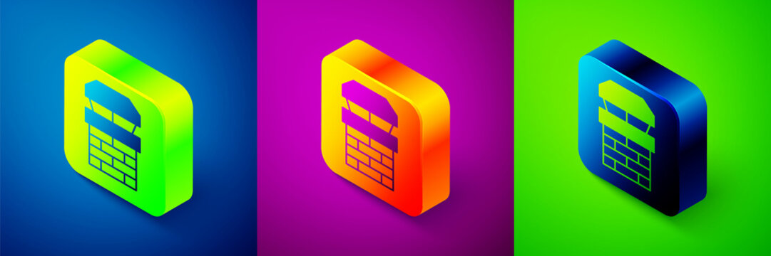 Isometric Chimney icon isolated on blue, purple and green background. Square button. Vector