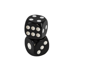 Two black dice stacked one on top of the other. Cut on a white background without a shadow. Blank for the designer.