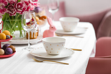 Festive table setting for Easter celebration, closeup