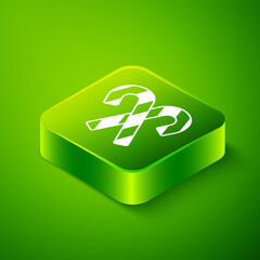 Isometric Christmas candy cane with stripes icon isolated on green background. Merry Christmas and Happy New Year. Green square button. Vector