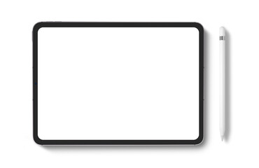 communication device of blank screen for online in social media, tablet and white tablet stylus on white background