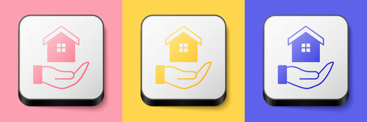 Isometric House in hand icon isolated on pink, yellow and blue background. Insurance concept. Security, safety, protection, protect concept. Square button. Vector