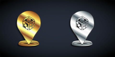 Gold and silver Game dice icon isolated on black background. Casino gambling. Long shadow style. Vector