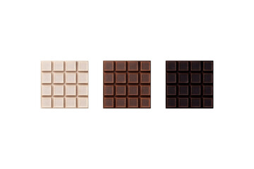Milk, white and noir dark chocolate bar with box packaging mockup isolated on white background. 3d rendering.