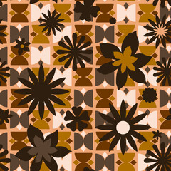 Abstract Hand Drawing Italian Tile Ceramic Concept Flowers and Geometric Plaid Seamless Vector Pattern Checkered Background 
