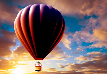 Hot air balloon flies in sky. Hot air balloon in sky without anyone. Hot air balloon with basket takes off at Sunrise. Metaphor for travel and adventure. Travel across sky. Adventure search concept