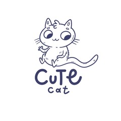 Card with  cute cartoon  cat.  Funny doodle kitten. Vector contour image. Beautiful animal print.
