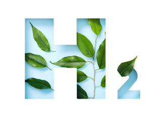 H2 hydrogen icon made of cut paper and green leaves on blue background. Emission-free biofuels concept