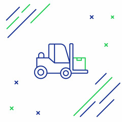 Line Forklift truck icon isolated on white background. Fork loader and cardboard box. Cargo delivery, shipping, transportation. Colorful outline concept. Vector