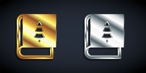 Gold and silver Christmas book cover or flyer template icon isolated on black background. Merry Christmas and Happy New Year. Long shadow style. Vector