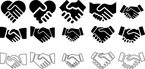 handshake icon set. Friendship and love line icons. Soul brother handshake Heart icon in different style design