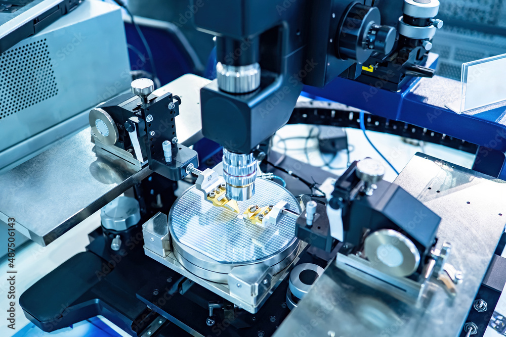 Poster Microprocessor testing. Transistor microcircuits under microscope. Microboard testing equipment. Automated production of microcircuits. PCB manufacturing. Production of microelectronics.