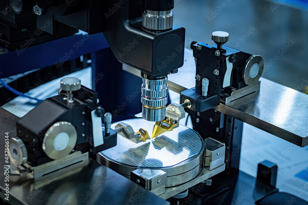 Poster Microprocessor under microscope. Production of transistor microcircuits. Testing microprocessor under magnification. Automated production of printed circuit boards. Microelectronics PCB Manufacturing