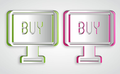 Paper cut Buy button icon isolated on grey background. Paper art style. Vector