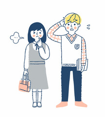 困った表情の学生服を着た男女