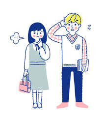 困った表情の学生服を着た男女