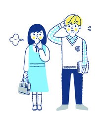 困った表情の学生服を着た男女