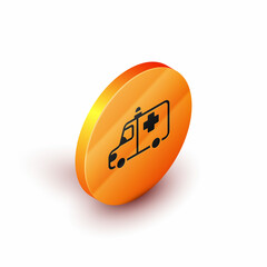 Isometric Ambulance and emergency car icon isolated on white background. Ambulance vehicle medical evacuation. Orange circle button. Vector