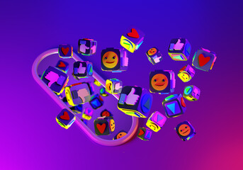 Emoji and thumbs up. Background with flying emoticons. Social media emoji on purple. Icons symbolizing smm in weightlessness. Emoji background. I like button texture. 3d rendering.