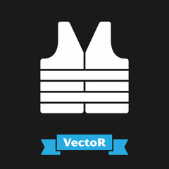 White Life jacket icon isolated on black background. Life vest icon. Extreme sport. Sport equipment. Vector