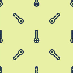 Blue Meteorology thermometer measuring icon isolated seamless pattern on yellow background. Thermometer equipment showing hot or cold weather. Vector