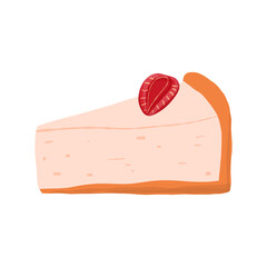 Strawberry cheesecake slice with fruit topping in hand drawn cartoon style. Isolated vector clip art illustration.