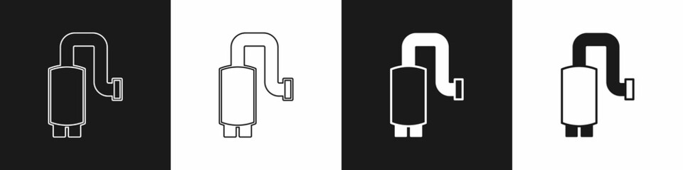 Set Car muffler icon isolated on black and white background. Exhaust pipe. Vector