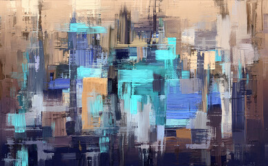 Paint strokes on canvas. Beige, teal and violet vibrant art, artistic texture. Abstract grungy background