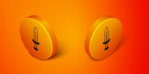 Isometric Medieval sword icon isolated on orange background. Medieval weapon. Orange circle button. Vector