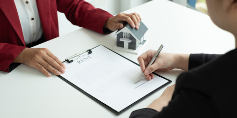 Real estate agents offer sale home insurance and close the sale immediately after the customer signs a purchase contract under a formal agreement. Real Estate Home insurance concept