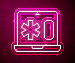 Glowing neon line Medical clinical record on laptop icon isolated on red background. Health insurance form. Medical check marks report. Vector