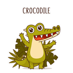 Joyful crocodile stands and waves near the leaves and bushes. Vector illustration for designs, prints and patterns. Isolated on white background