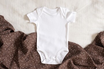 Studio photo of white bodysuit on neutral brown boho napkin for nursery sublimation design...