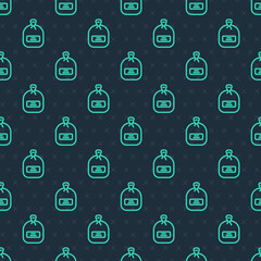 Green line Pack full of seeds of a specific plant icon isolated seamless pattern on blue background. Vector