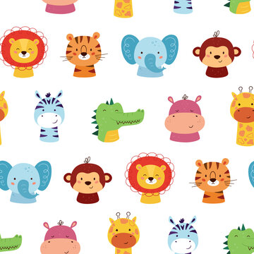 Seamless pattern with cute african animal characters. Funny kawaii lion, tiger, giraffe, elephant and crocodile. Children pattern. Faces of wild animals. Vector illustration on white background.
