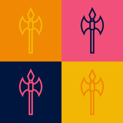 Pop art line Medieval axe icon isolated on color background. Battle axe, executioner axe. Medieval weapon. Vector